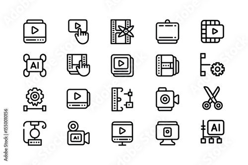 Black and White Video Editing Icon Set Filmmaking A I Technology Symbols icons
