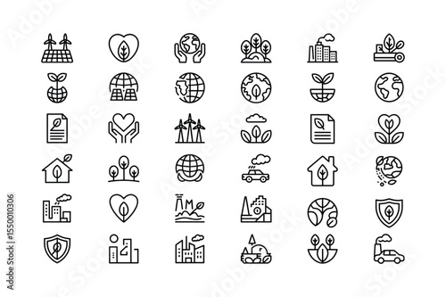 Black Line Art Icon Set Environmental Sustainability Ecology Green Energy Renewable Resources