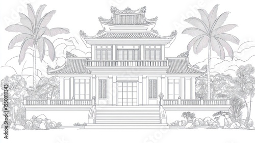 Asian temple, tropical setting,  sketchy