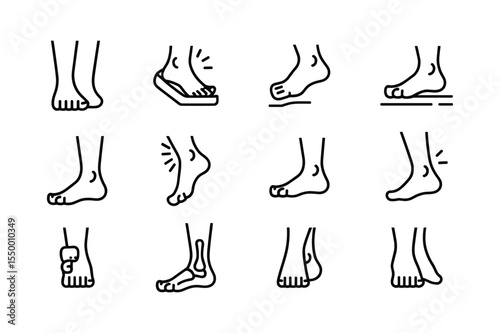 Black Line Art Icons Depicting Human Feet in Various Positions and Conditions Including Foot Injuries and