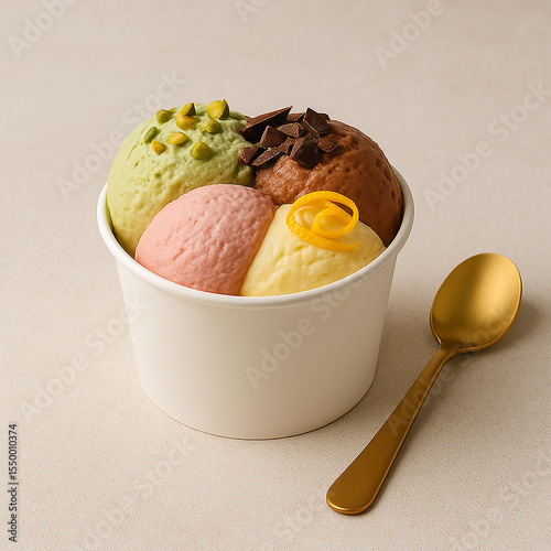 Coppetta di gelato artigianale con pistacchio, cioccolato e limone – fotografia editoriale pulita