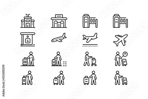 Black Line Icon Set Airport Travel Airplane Passengers Luggage Checkin Boarding Gate