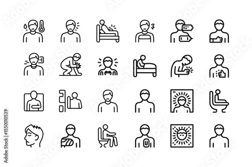Black Line Icon Set Depicting Various Illnesses and Medical Conditions Including Fever Headache Cough Chest