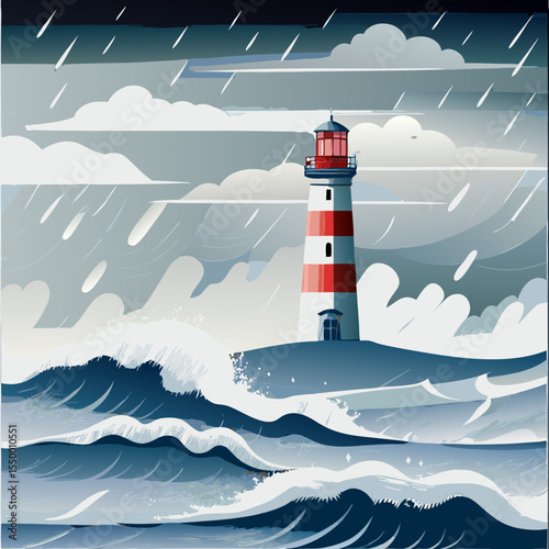 Lighthouse standing tall amidst turbulent waves and stormy skies, showcasing resilience and guidance in a dramatic coastal landscape with dynamic weather elements
