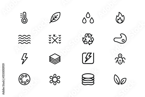 Black Line Icon Set Temperature Leaf Water Fire Waves Recycle Bug Layers Lightning