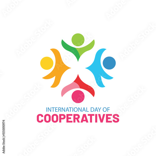 Colorful illustration for the international day of cooperatives features diverse people symbol and text.