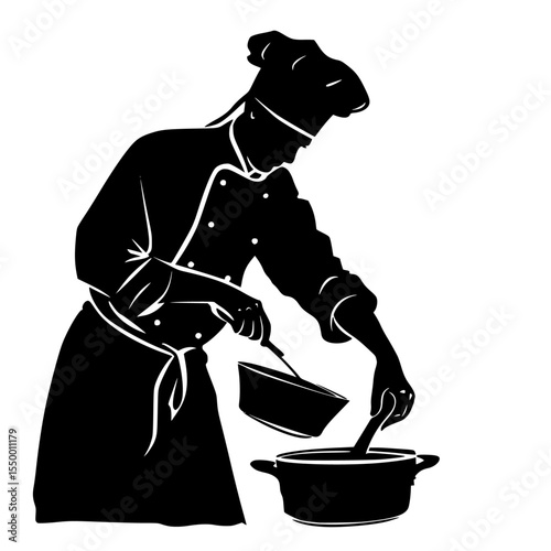 a black and white illustration of a cook in an apron and hat stirring a pot or pan apron, black, chef, cook, food, hat, illustration, pan, pot, silhouette, stir , Generative art.