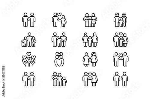 Black Outline Icon Set Diverse Family Structures Couples Parents Children Love Relationships