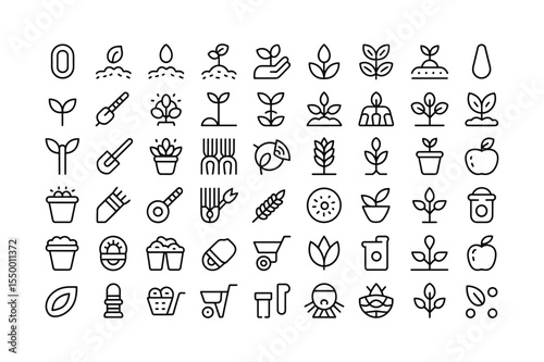 Gardening Icon Set Black Line Art Sprout Plant Seed Apple Pot Trowel Wheelbarrow Wheat Flower