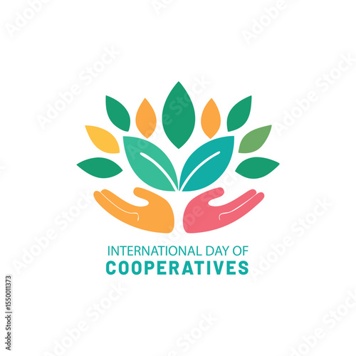 Colorful international day of cooperatives graphic with hands holding green leaves on white background