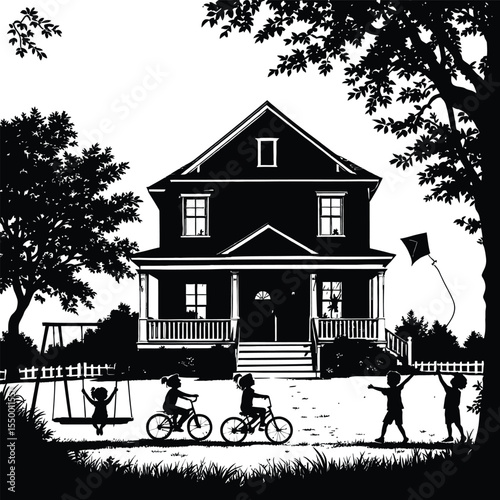 Backyard Bliss – Representation of Childhood Freedom, Outdoor Joy, and Suburban Harmony Vector Illustration