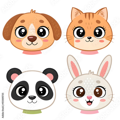 Funny animal cartoon icon set with cat, dog, and rabbit faces photo
