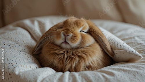 Cute rabbit lying on the bed and looking at the camera.