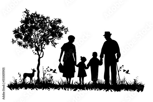 black silhouette of a family walking with a dog in the park black, child, dog, family, park, silhouette, tree, walk , Generative art.