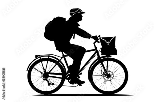 a black silhouette of a man in a helmet riding a bicycle with a backpack and a bag backpack, bag, bicycle, bike, black, cyclist, helmet, man, person, ride, silhouette , Generative art.