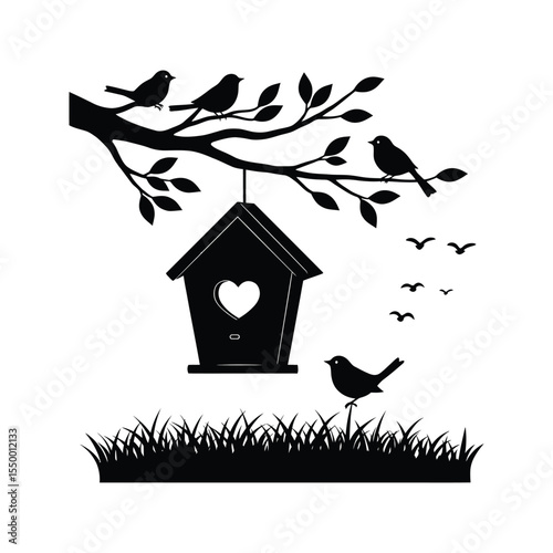 Black silhouette of a birdhouse on a branch with birds