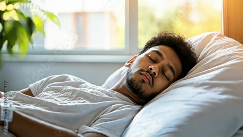 Young man sleeping peacefully in a comfortable bed with soft morning sunlight streaming from the window. Rest and wellness concept