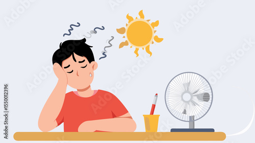 Young boy feeling hot and uncomfortable while sitting at a desk with a fan, sunlight shining in, illustrating the challenges of summer heat and the need for relief