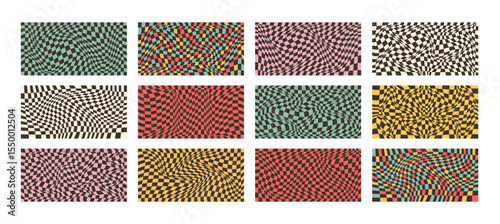 Distorted Checkered Grids Collection. Retro Colors Backgrounds Set. Geometric Patterns with Distortion Effect. 
