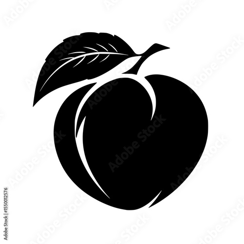 black silhouette of a peach with a leaf on a white background illustration black, fruit, icon, illustration, leaf, peach, silhouette , Generative art.