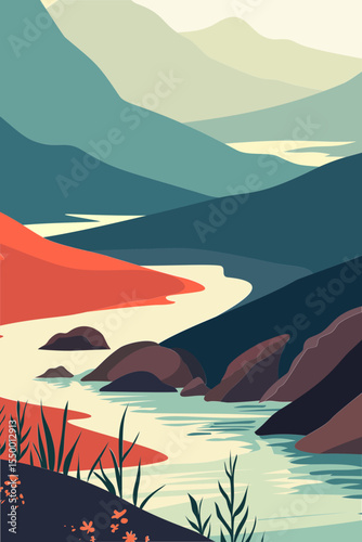 Stream, Sea, Water, Ocean, Tree, Stone, Rocks, Mountain Peak, Road, Moon, Sky, Sunset, Business, Mountain, Mindset, Artwork, Vector