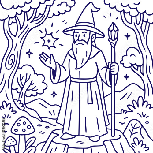 Wizard casting spell with staff in enchanted forest