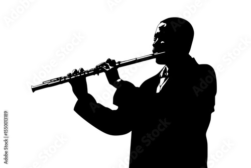 a black and white silhouette of a man playing a flute black, flute, instrument, man, play, silhouette , Generative art.