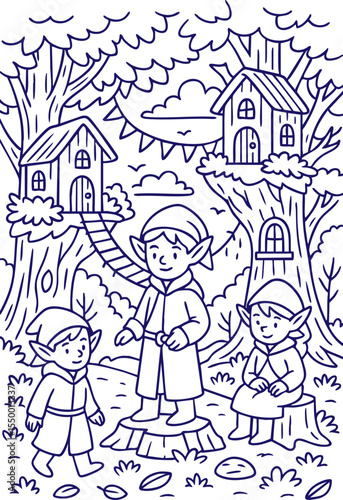 Fantasy elf children playing near treehouses in forest