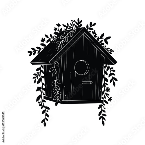 Black silhouette of a birdhouse adorned with a flower and leaves