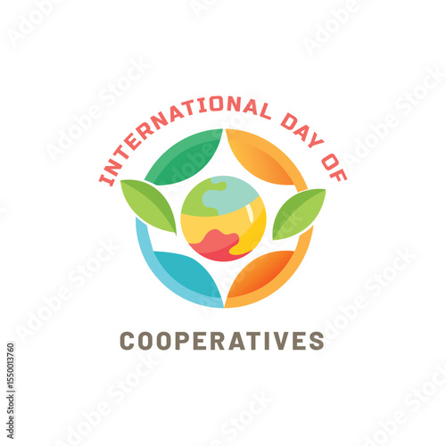 Colorful illustration celebrates international day of cooperatives with globe and abstract design.