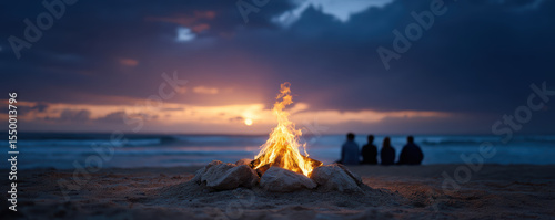 A small bonfire burns brightly on a beach at dusk with four people sitting and watching the ocean under a cloudy sky.