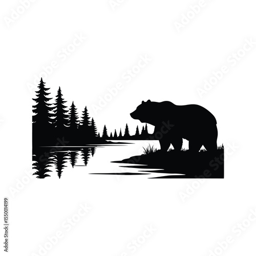 Black silhouette of a bear by a lake in a forest at night