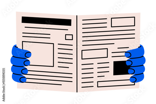 Hand drawn cute cartoon illustration of human hand holding newspaper. Flat vector information daily media in arm doodle. Communication or correspondence receive icon. Paper press sticker. Isolated.