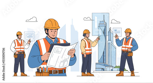 Construction Crew Inspecting a Blueprint in the City Scape