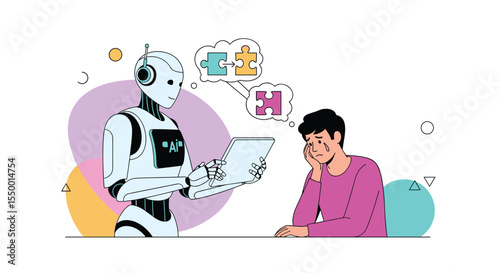 Robot Using Laptop with Person Thinking About Problems Puzzle