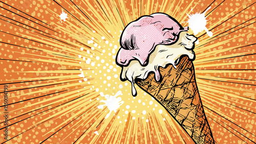 Colorful ice cream cone with pink scoop, dripping cream, set against a vibrant orange background, radiating summer vibes and joyful indulgence for beach lovers