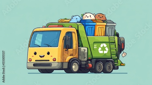 Cartoon Garbage Truck with Recycling Logo and Smiling Trash Bins
