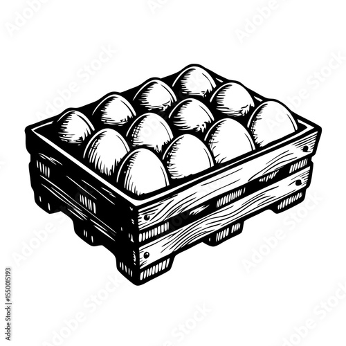 Wooden Egg Crate with Fresh Eggs in Vintage Style for Food Blogs, Culinary Illustrations, Farm-to-Table Design, and Agricultural Awareness  