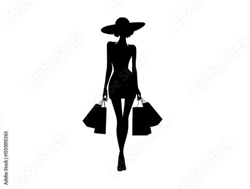 black silhouette of a woman in a hat with bags in her hands bag, black, girl, hand, hat, shopping bag, silhouette, woman , Generative art.