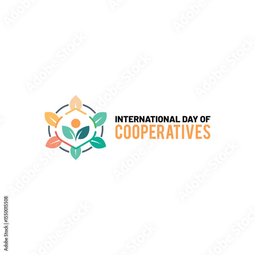 Colorful international day of cooperatives emblem with people and leaf symbolism