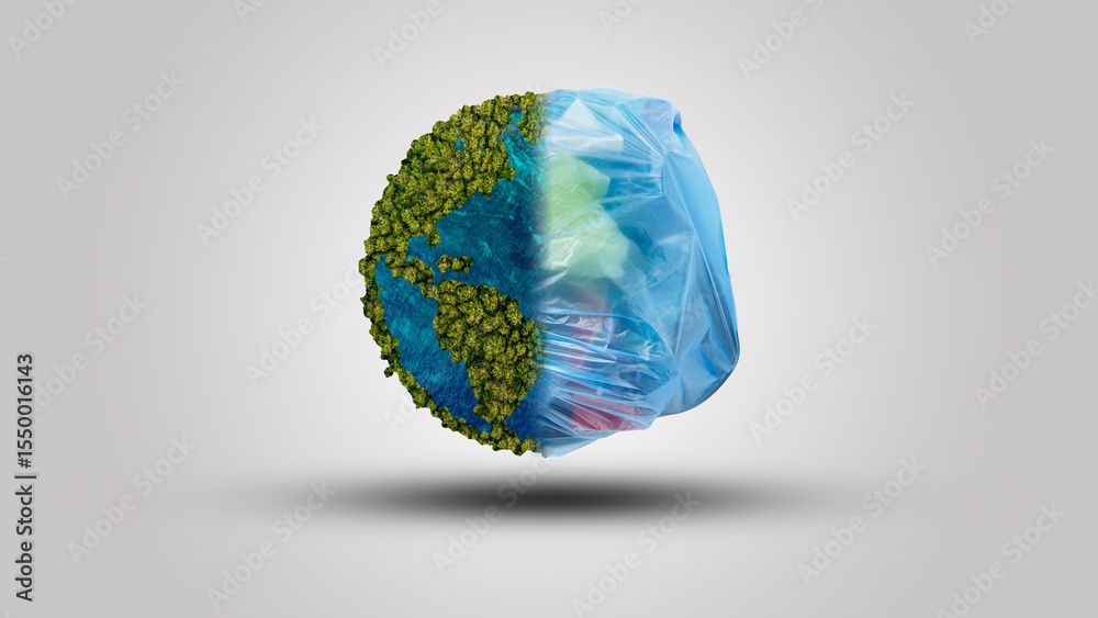 Fototapeta premium Eco concept, heap of garbage inside half of planet, earth. 3d illustration