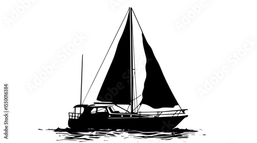 the black silhouette of a small boat floating on the water black, boat, float, sail, sailboat, silhouette, small, water , Generative art.