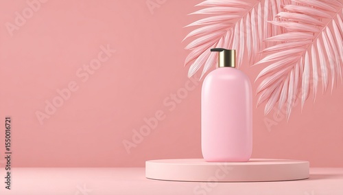 Minimal pink background for product presentation with palm leaf and bottle of shampoo, 3D rendering, copy space on the right side.