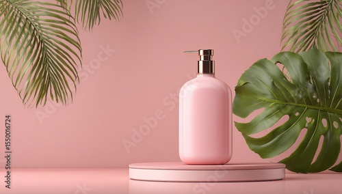Minimal pink background for product presentation with palm leaf and bottle of shampoo, 3D rendering, copy space on the right side.