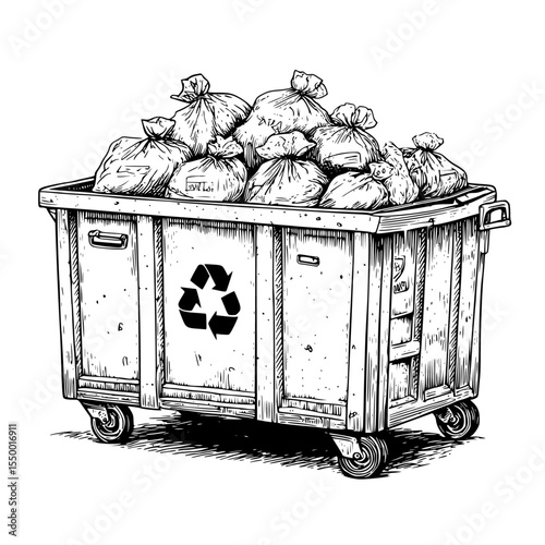 a black and white drawing of a trash can full of garbage bag, black, drawing, full, garbage, illustration, sketch, trash can , Generative art.