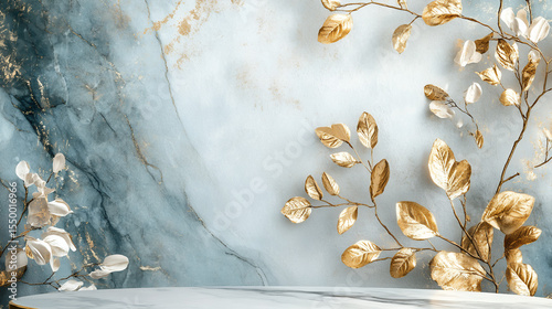 a luxurious and modern product display setup, likely a 3D render, featuring a combination of black and white marble with elegant gold accents. In the foreground, there's a two-tiered pedestal