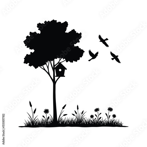 Black silhouette of a tree with a birdhouse and birds in a grassy field