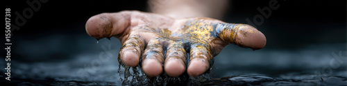 A close-up of a hand covered in colorful paint, held over a dark wet surface with droplets falling from the fingers.