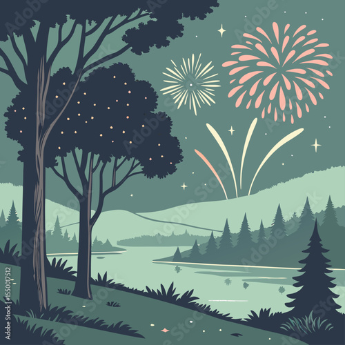 Night Forest Landscape with Fireworks – Tranquil Lake and Silhouetted Trees Illustration