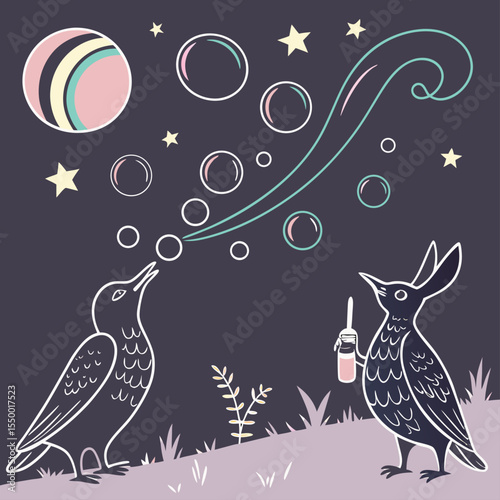 Whimsical Birds Blowing Bubbles at Night – Cute Fantasy Illustration